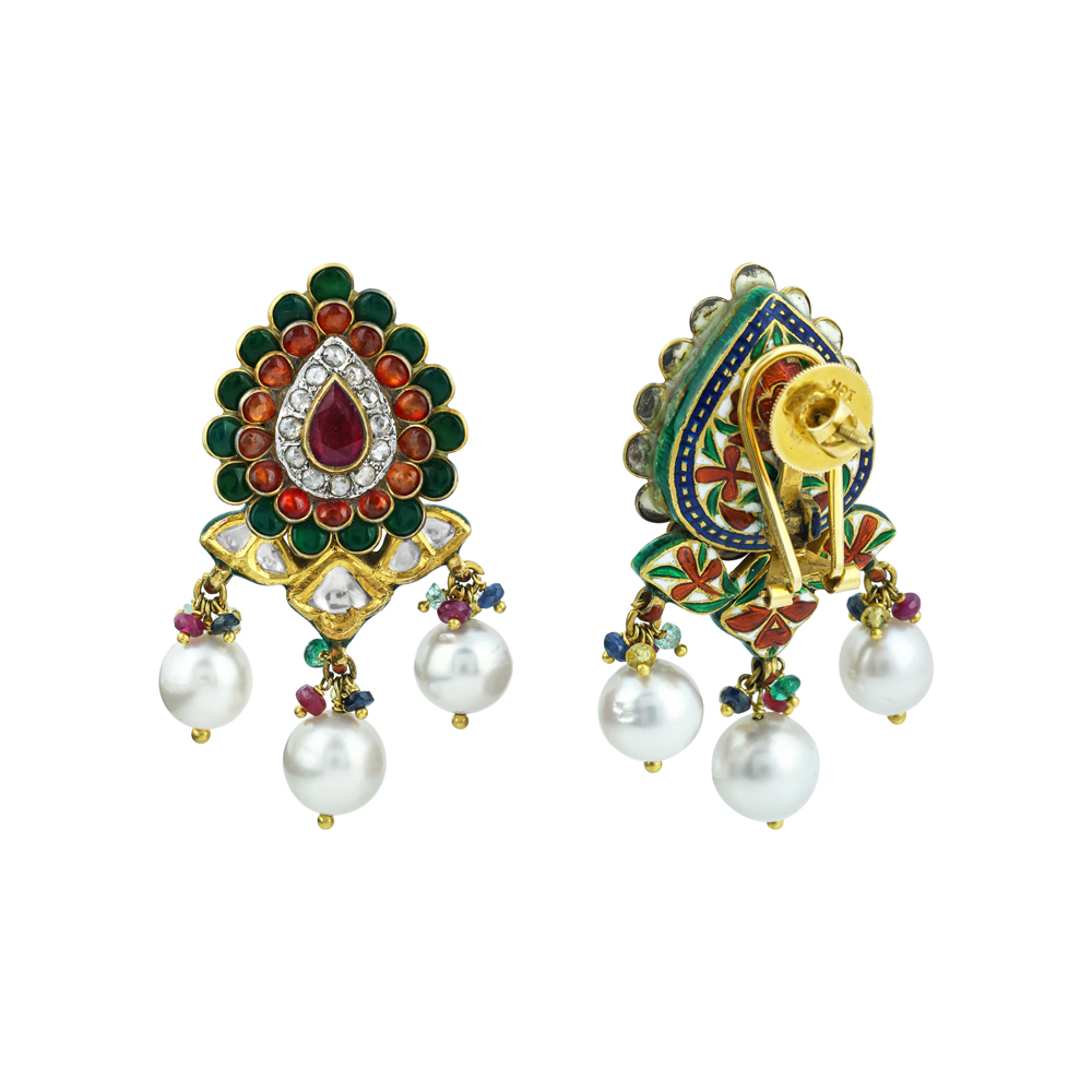 Teardrop Earrings with Polki, Gemstone Talaf, and Pearl Drops
